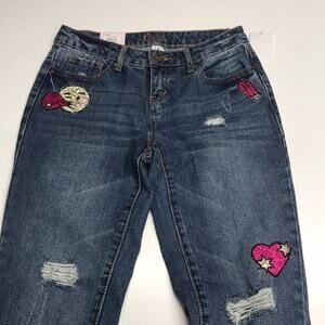 CANDIES Womens 0 MADE TO SPARKLE Skinny Blue Jeans Distressed Patches
